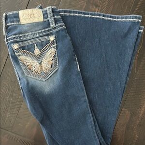Miss Me Blue Flare Jeans with Rhinestone Embellishments